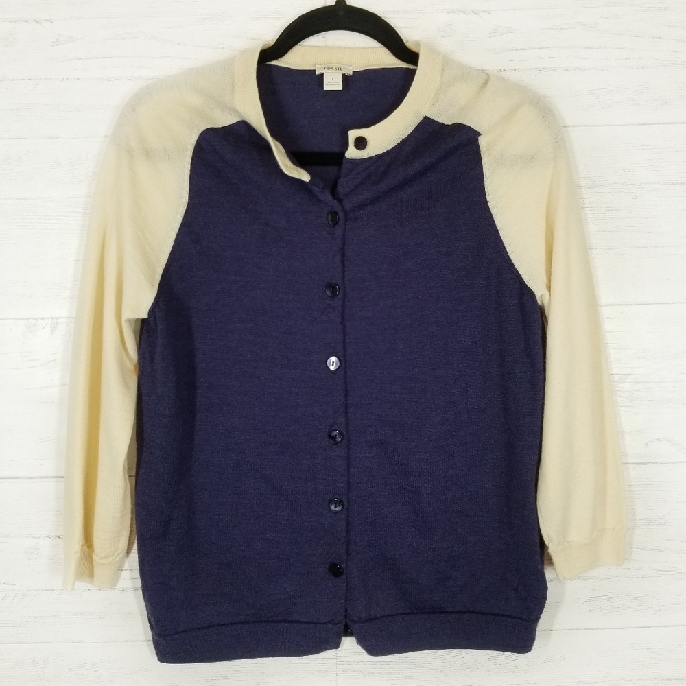 Fossil Cream & Navy Button Front Cardigan Sz Large - image 1